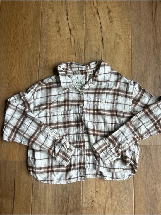 American Eagle Outfitters Tops - American Eagle Outfitters Cream and Brown Plaid Shirt